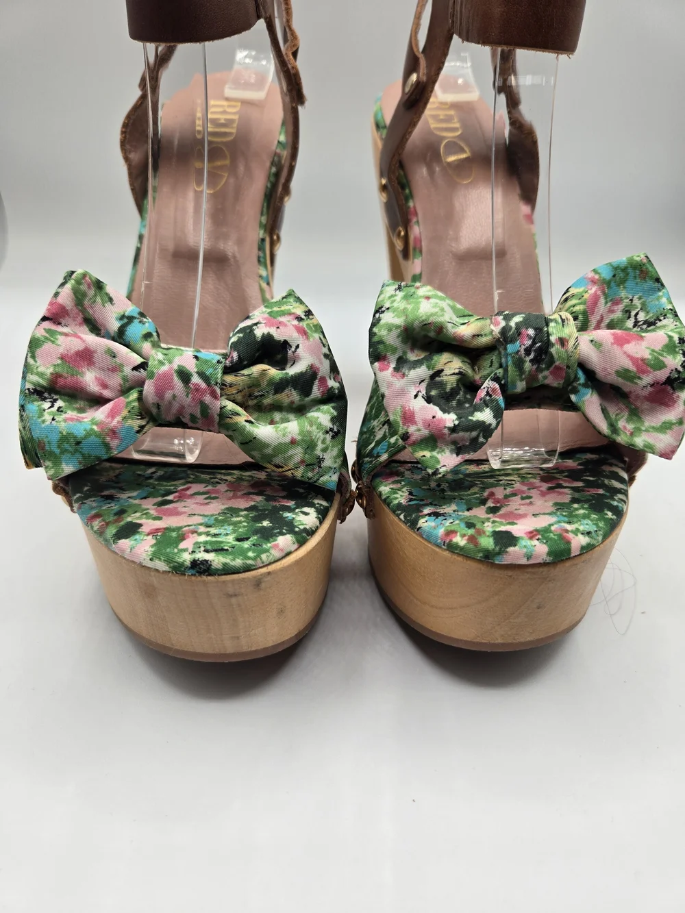 RED Valentino Meadow Print Platform Sandals Size 37.5 Floral Bow Wood Heel